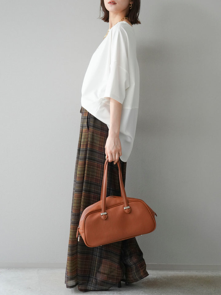 [套裝] 不同材質金屬標誌刺繡 x 印花T卹 + 透視格紋寬鬆褲（2 件套）