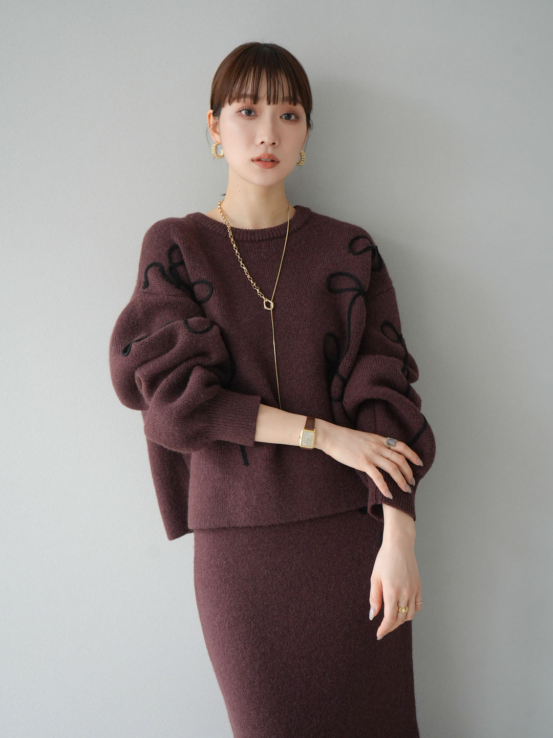 [予約]コード刺繍ルーズニットプルオーバー/ブラウン