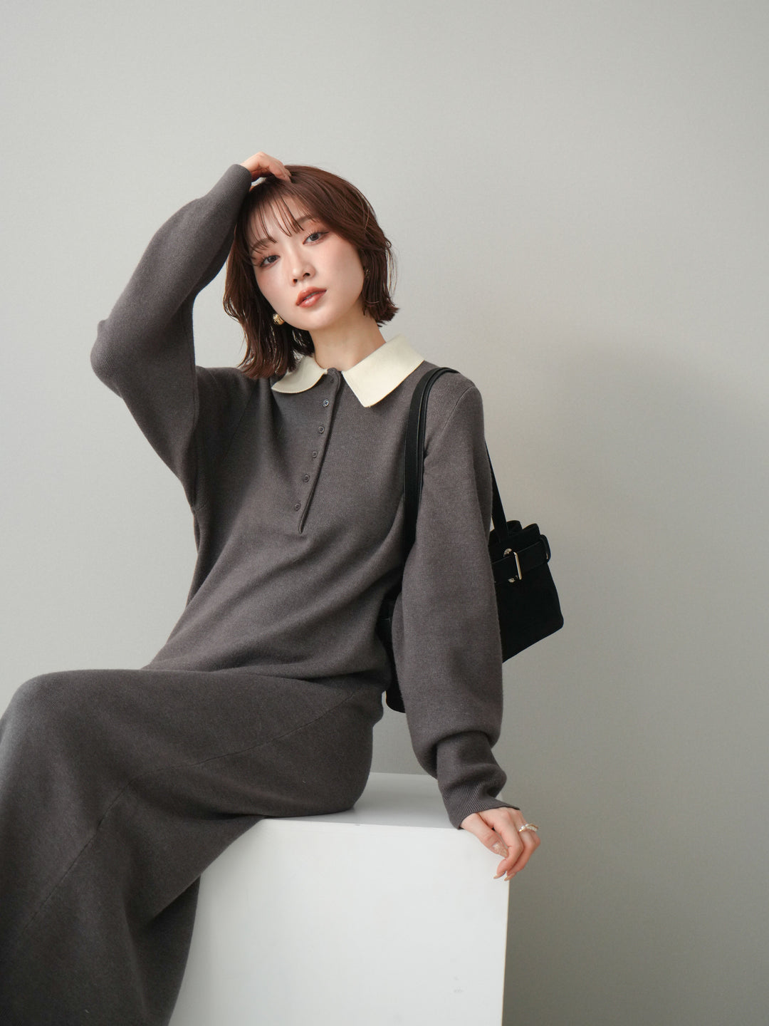 [SET]配色ポロニットワンピース+選べるアクセセット(2set)