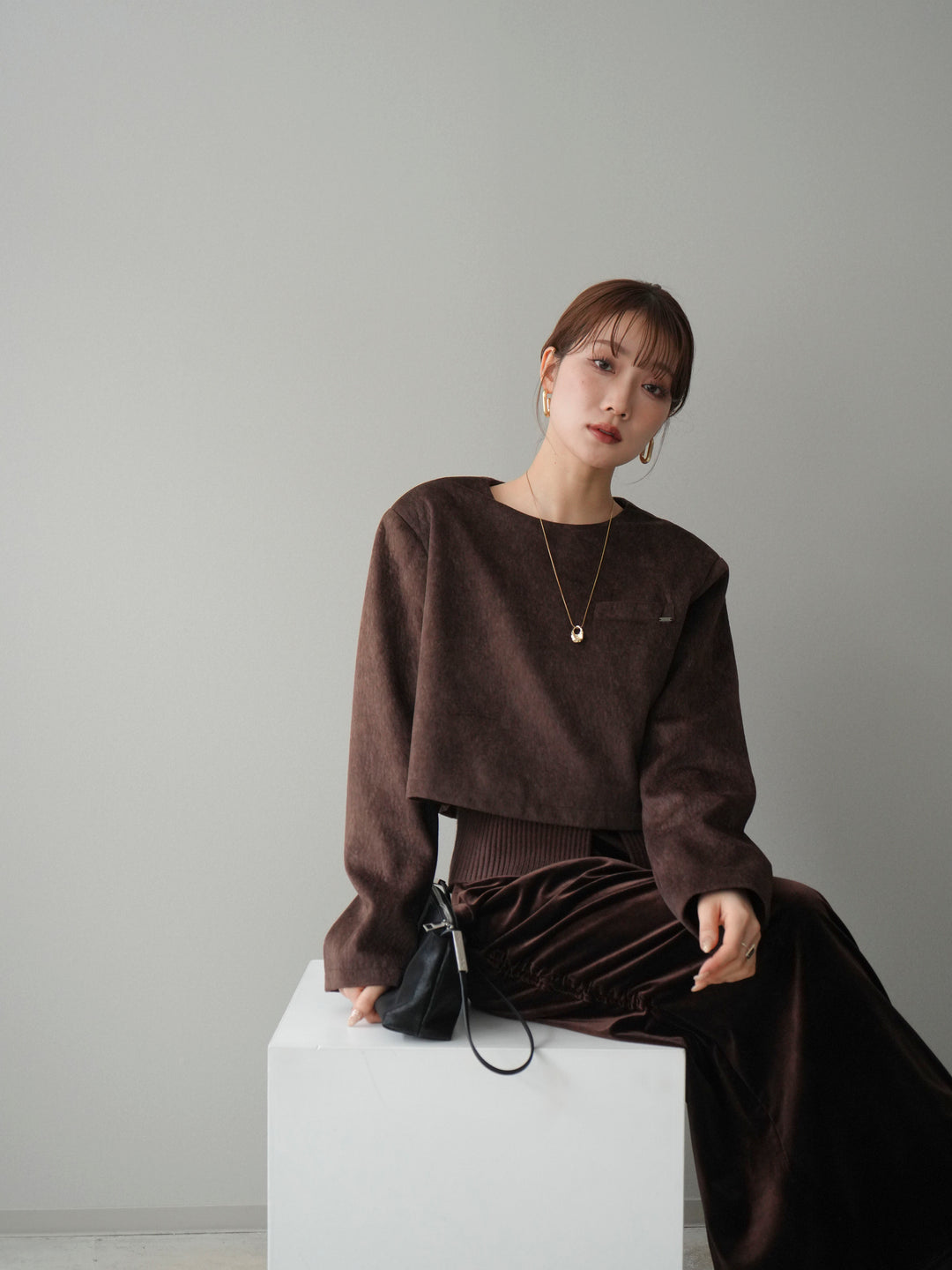 [予約]リブニットレイヤードスエードプルオーバー/brown