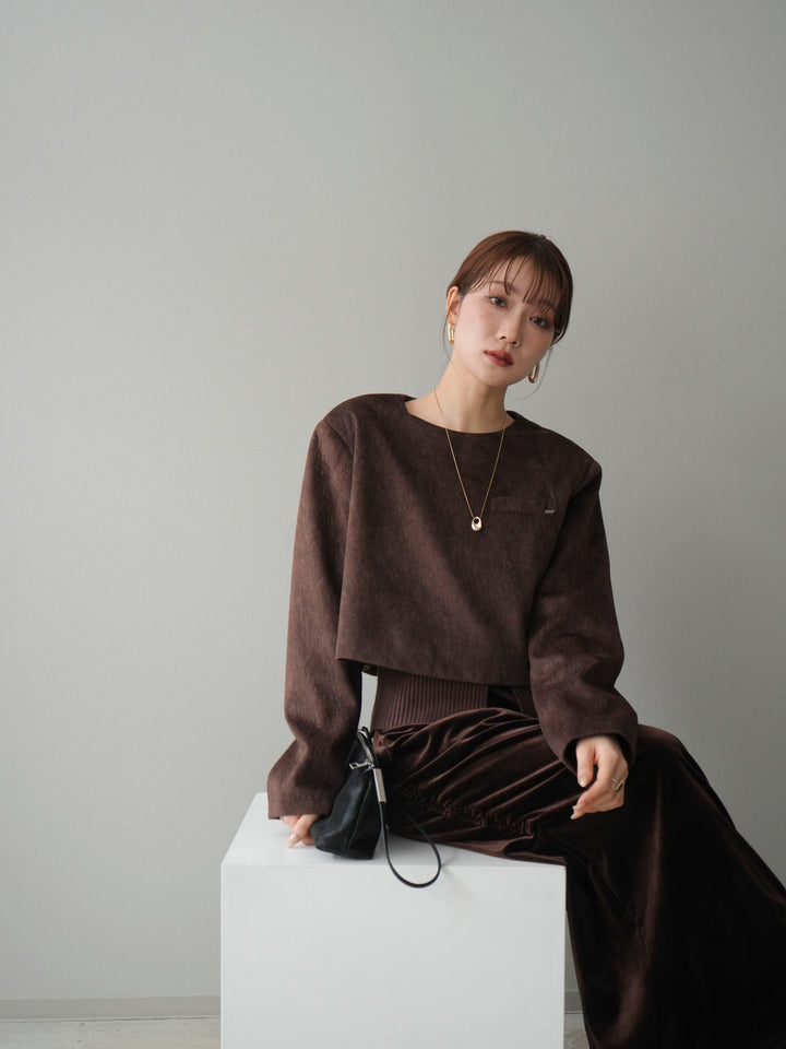 [予約]リブニットレイヤードスエードプルオーバー/brown
