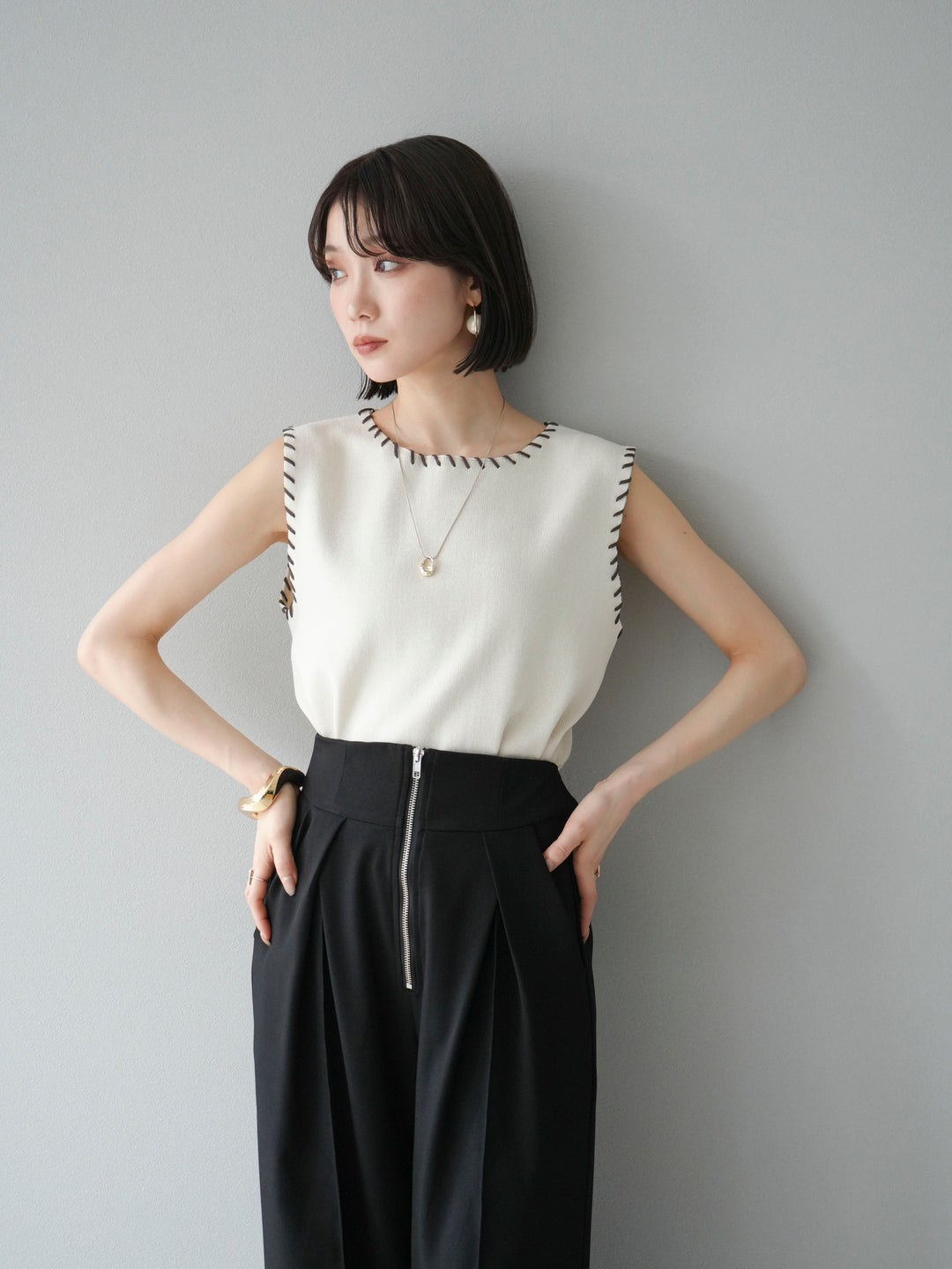 [予約]リネンタッチハンドステッチニットプルオーバー/アイボリー