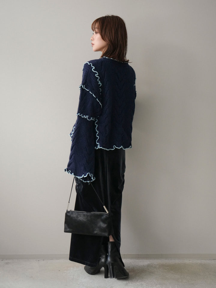 [SET]フロントリボン配色メローニットカーディガン+ギャザーベロアスカート(2set)