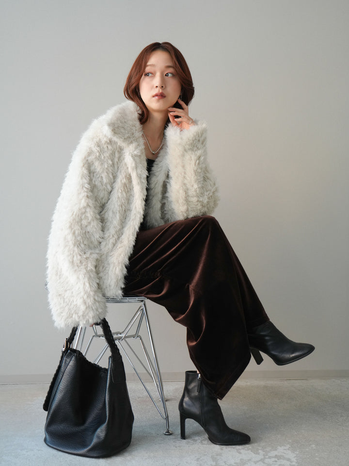 [SET]フェイクファー襟付きショートブルゾン+ギャザーベロアスカート(2set)