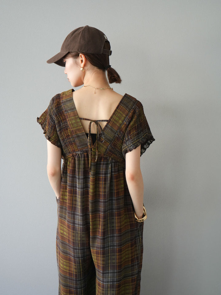 [套裝] 透視格紋褶皺背帶褲 + 配件套裝（2 套）