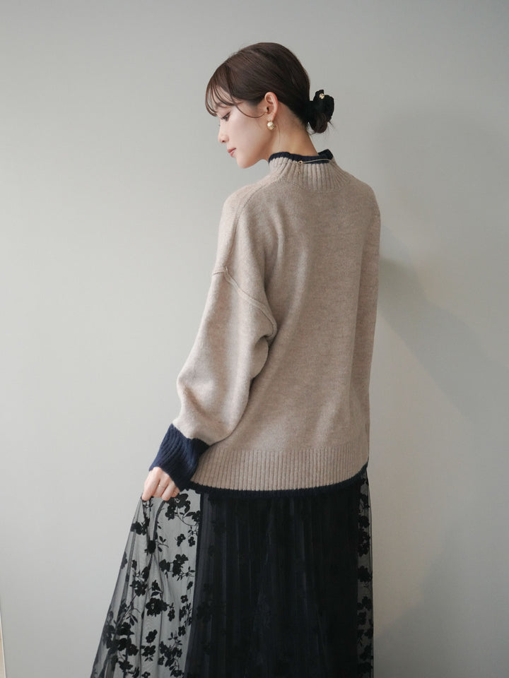 [予約]配色ハイネックニットプルオーバー/beigenavy