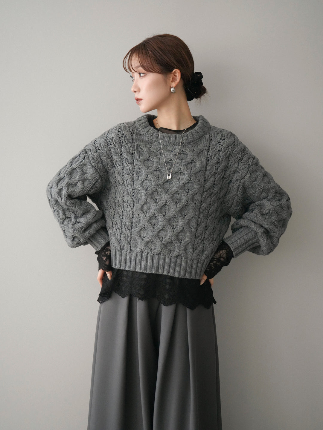 [SET]バルキーケーブルクロップドニットプルオーバー+選べるアクセセット(2set)