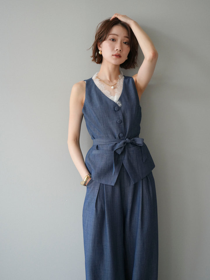 【套裝】蕾絲邊背心和垂褶褲套裝（2 套）