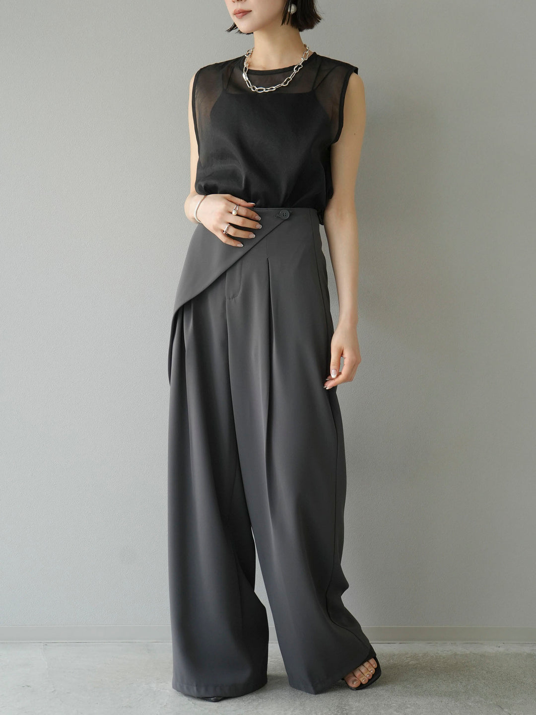 [SET] Organza sleeveless top + wrap wide pants (2set)