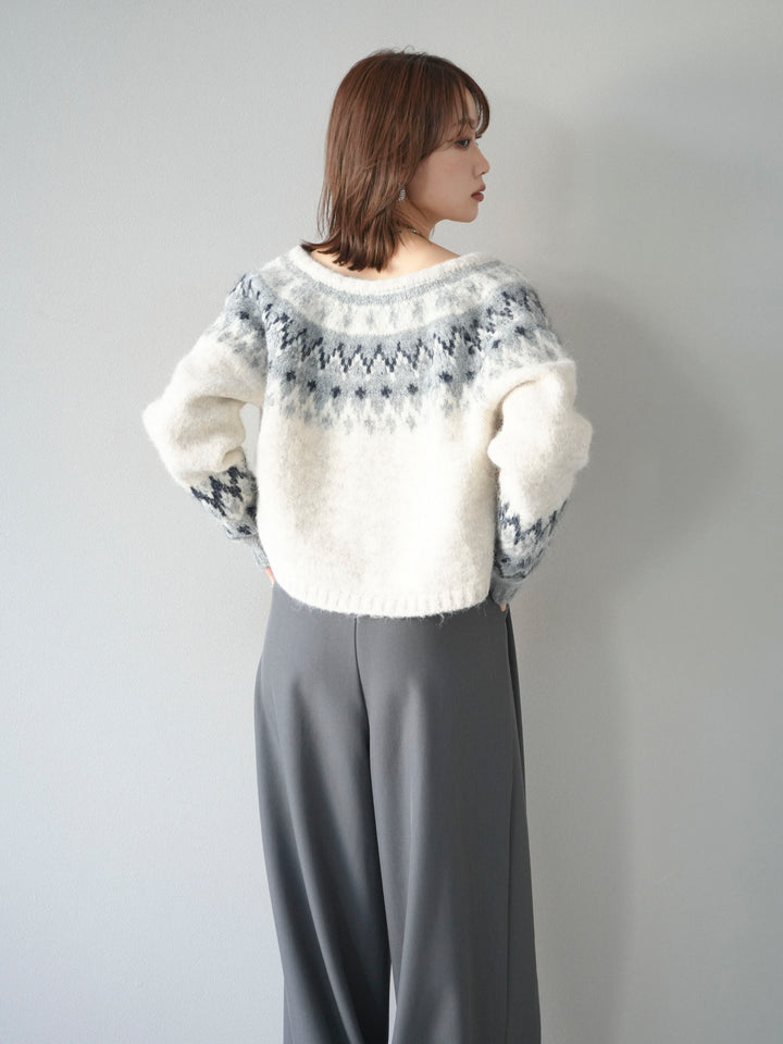 【着回しセット】[SET]求心柄クロップドニットカーディガン+異素材ミックスヤーンニットプルオーバー+ベルトループデザインワイドパンツ(3set)