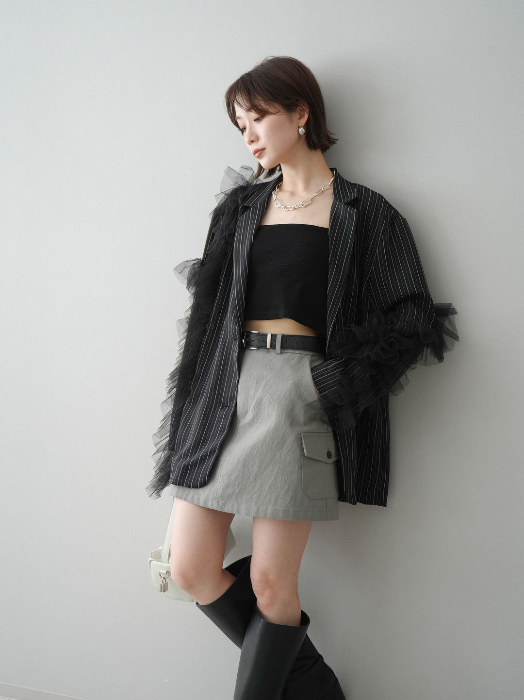 [予約]アシンメトリーチュールストライプジャケット/black