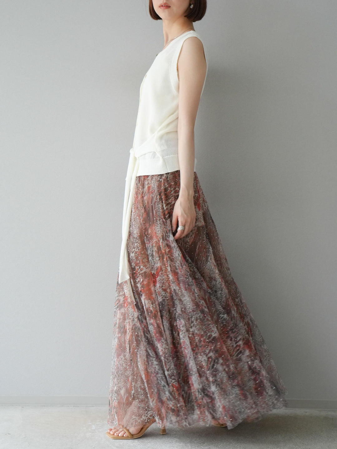 [予約]ニュアンス柄チュールレイヤードプリーツスカート/ブラウン