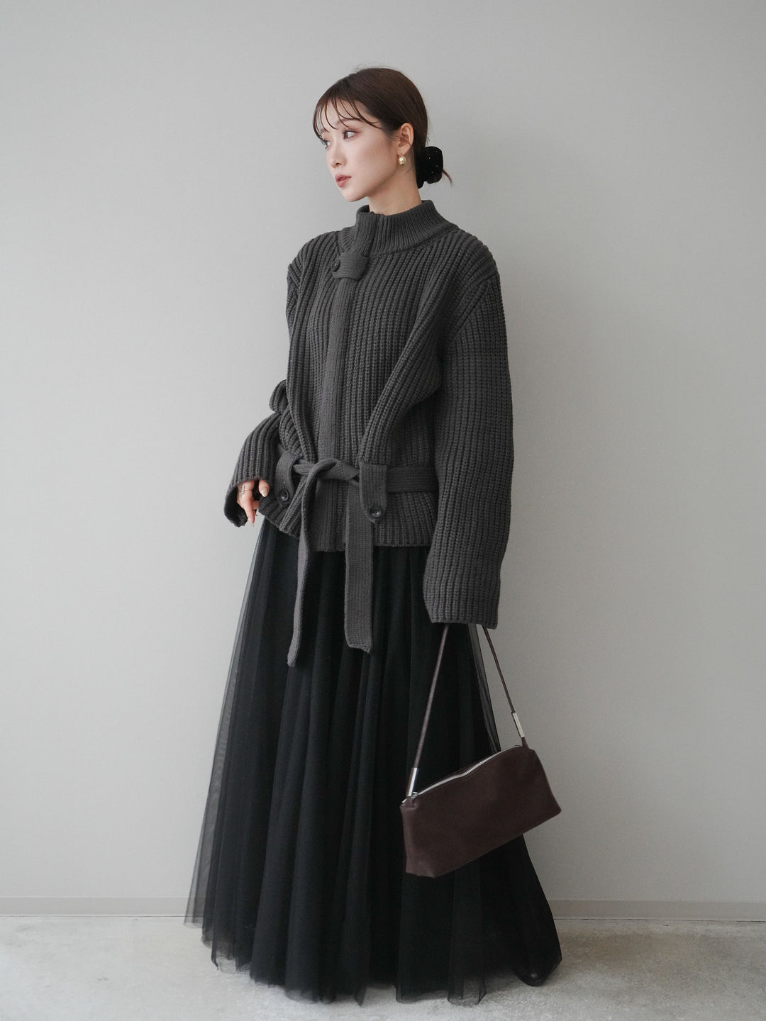[SET]畦編みボトルネックZIPニットカーディガン+チュールボリュームスカート(2set)