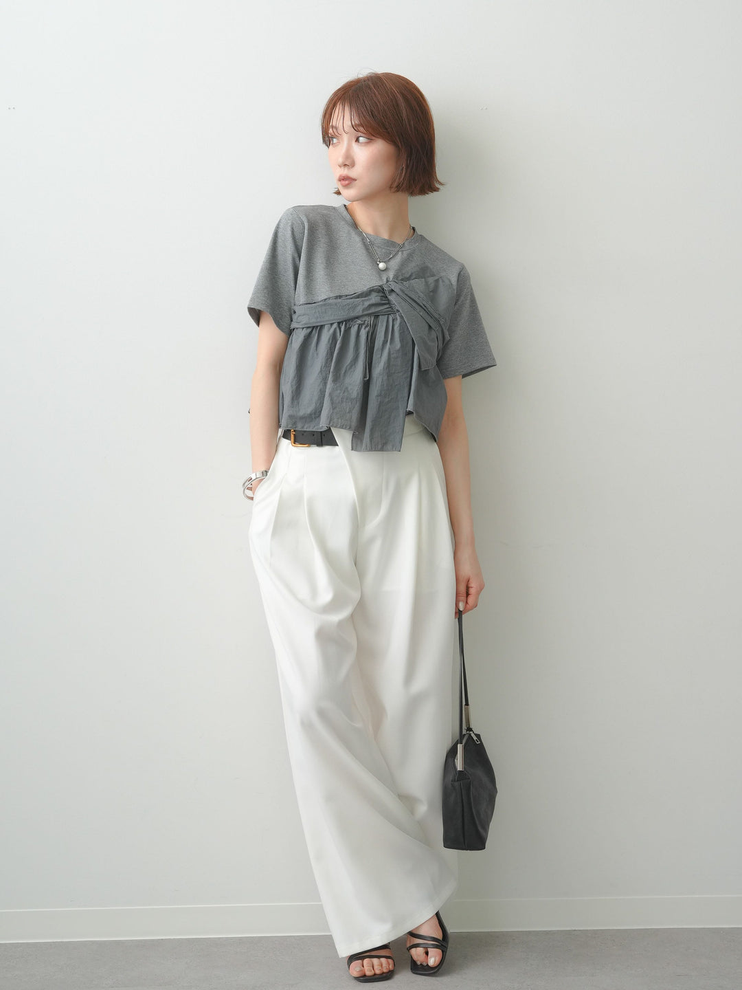 [SET]ナイロンドッキングツイストTEE +アシンメトリーベルトタックワイドパンツ(2set)