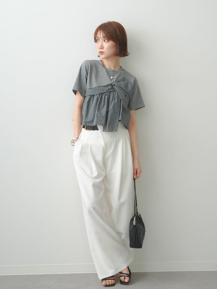[SET]ナイロンドッキングツイストTEE +アシンメトリーベルトタックワイドパンツ(2set)