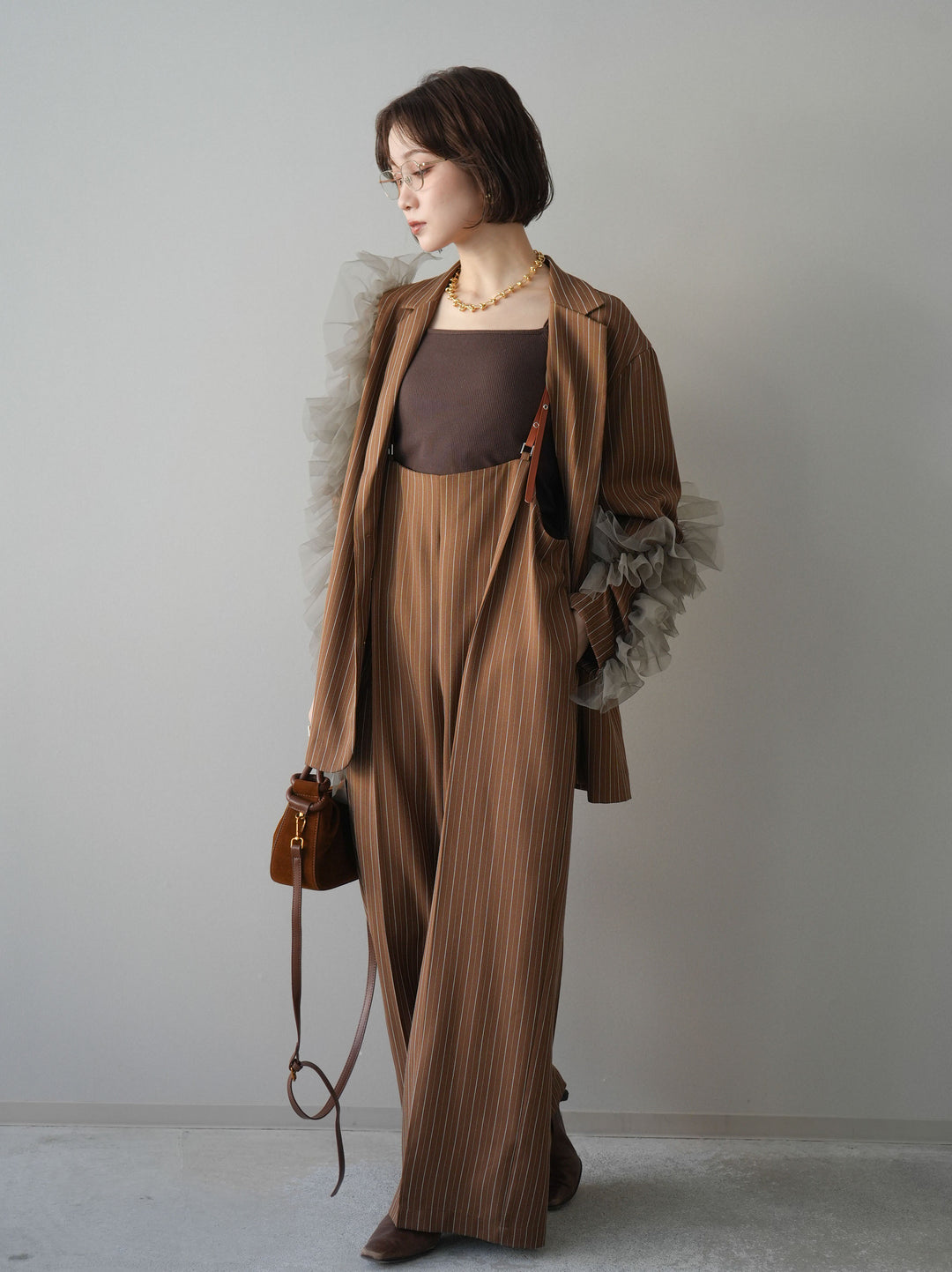 [SET]アシンメトリーチュールストライプジャケット+ヘリンボーンストライプサロペット(2set)