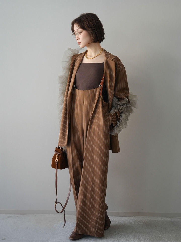 [SET]アシンメトリーチュールストライプジャケット+ヘリンボーンストライプサロペット(2set)