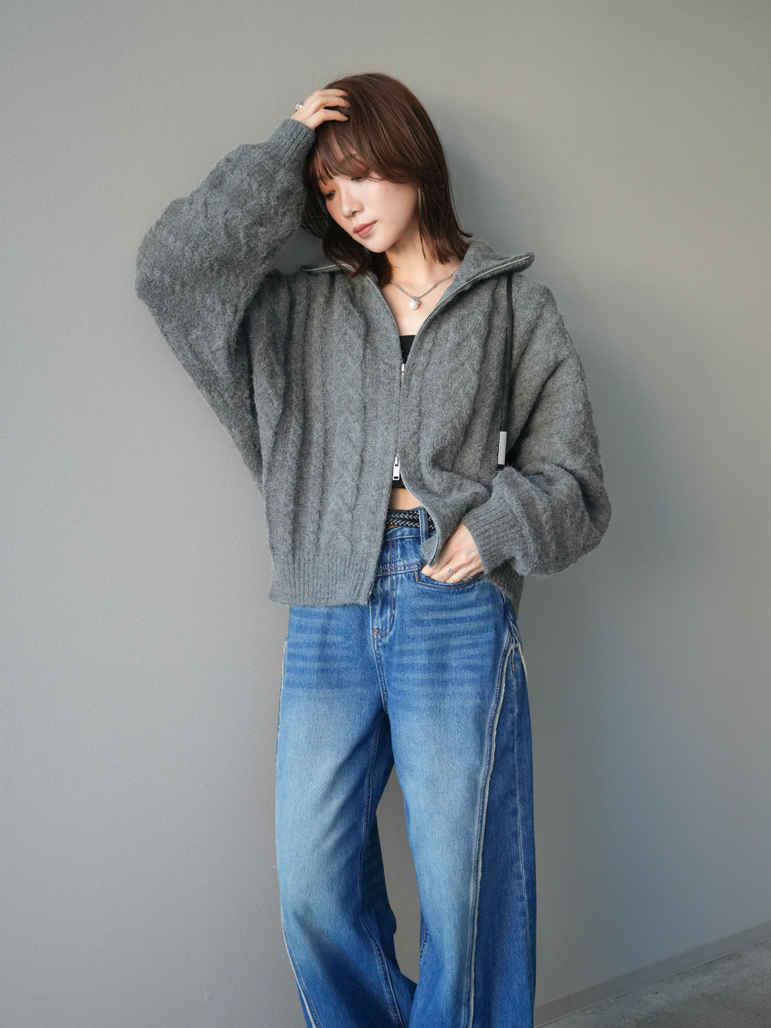 [SET]ケーブル編みハイネックZIPニットカーディガン+選べるアクセセット(2set)