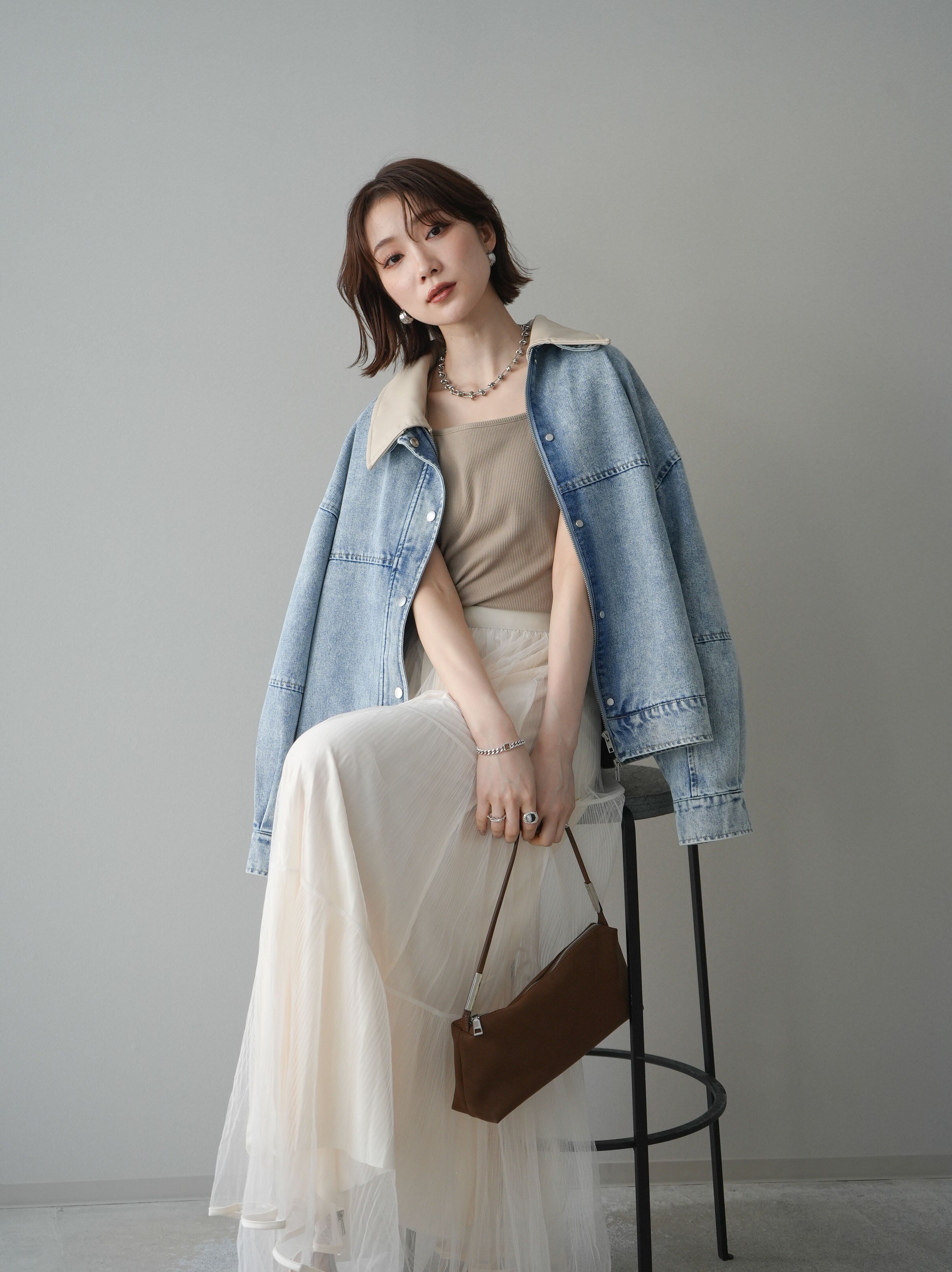 SET]配色襟レザーデニムブルゾン+ラメプリーツレイヤードチュール