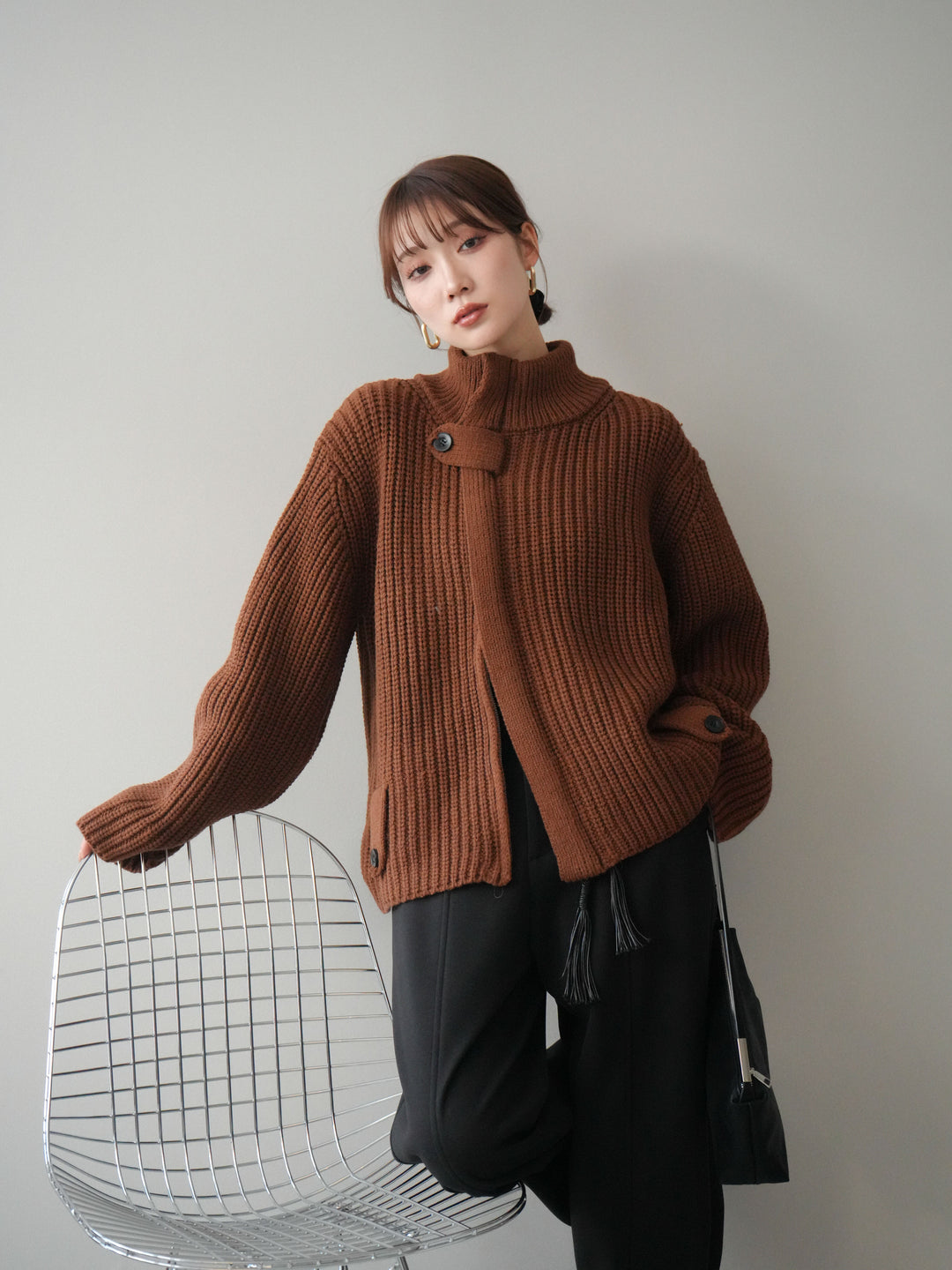 [SET]畦編みボトルネックZIPニットカーディガン+選べるアクセセット(2set)