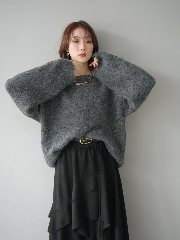 [予約]ネック透かし編みニットプルオーバー/ダークグレー