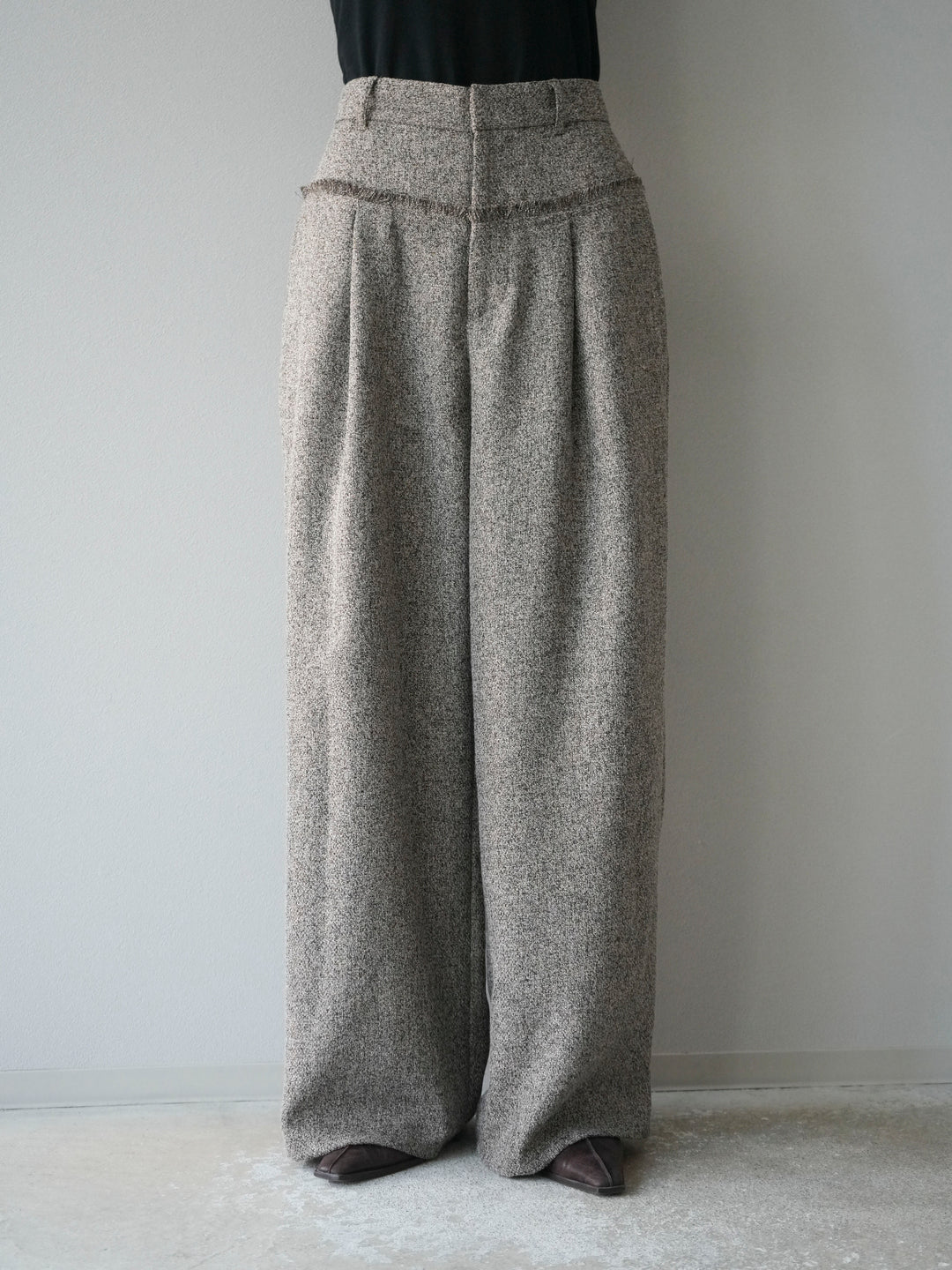 [予約]ウエストフリンジツイードワイドパンツ/ブラウン