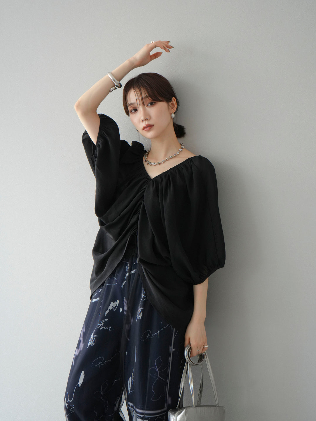 [SET]ボリュームスリーブシアータックブラウス+コード刺繍チュールレイヤードパンツ(2set)