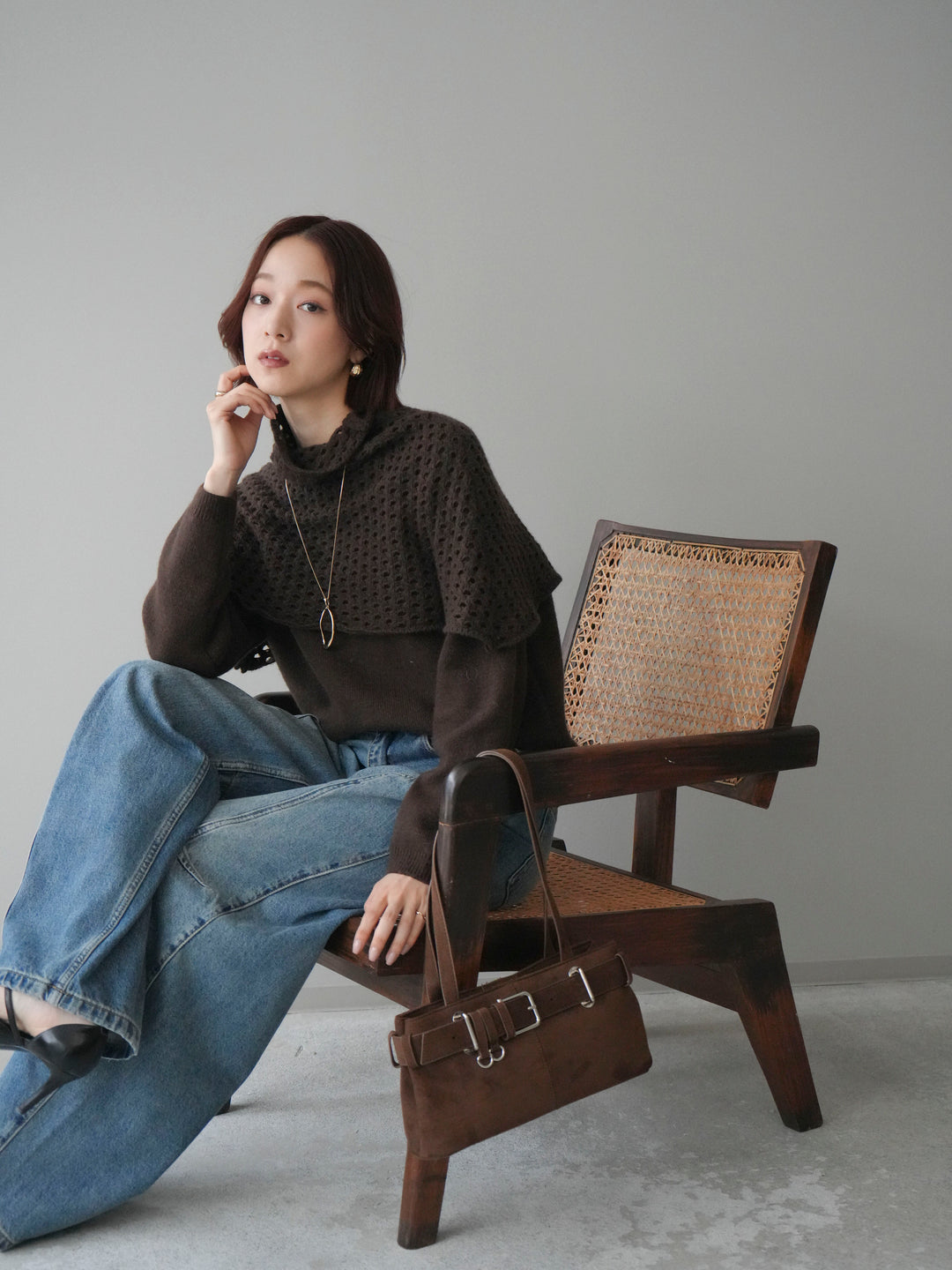 [予約]メッシュケープアンサンブルニットプルオーバー/brown