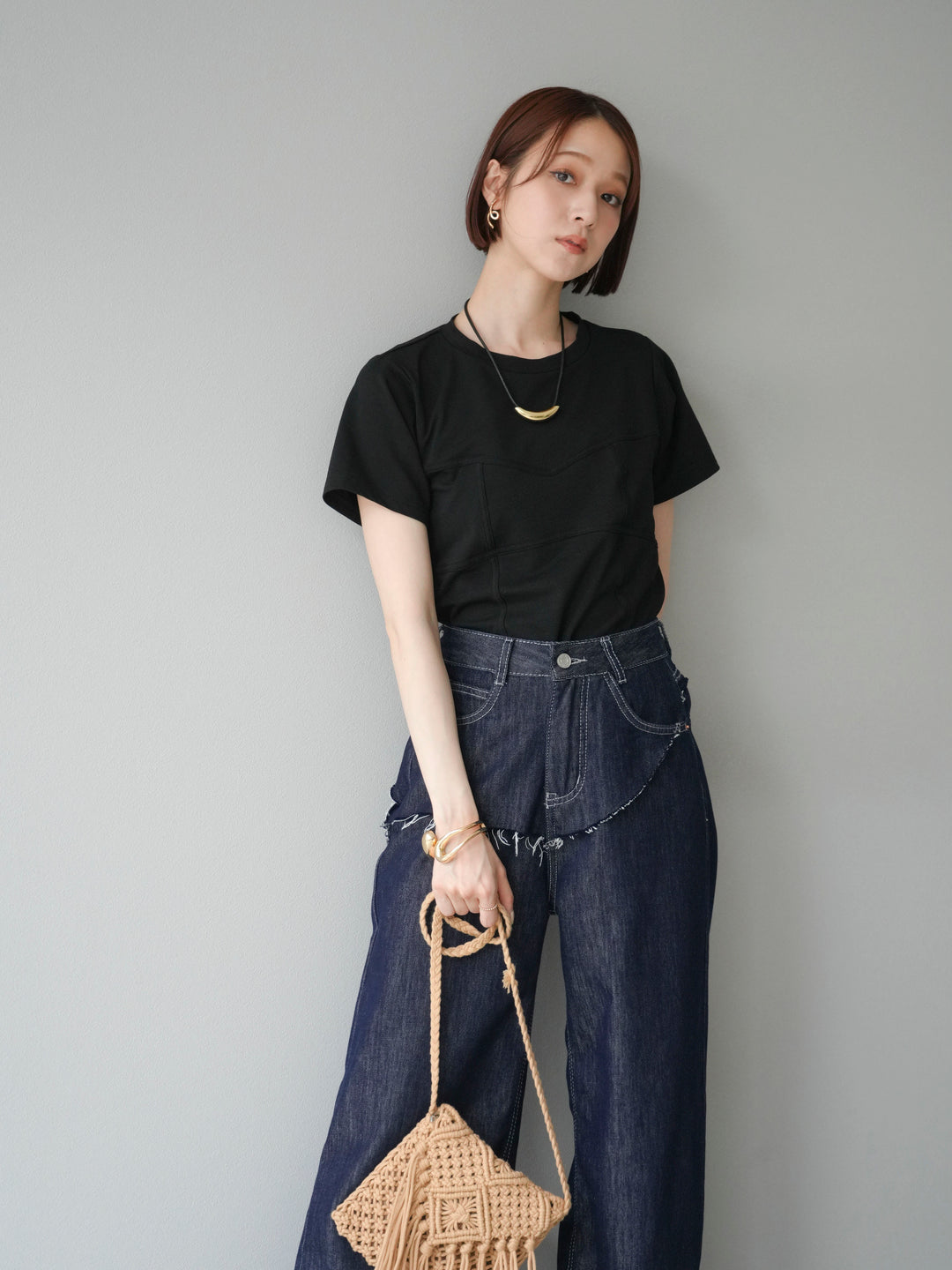 [SET]ビスチェデザインTシャツ+ヒップデザインデニムパンツ(2set)