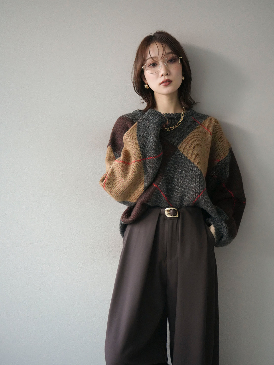 [SET]配色ステッチアーガイル柄ニットプルオーバー+配色ステッチアーガイル柄ニットプルオーバー(2set)