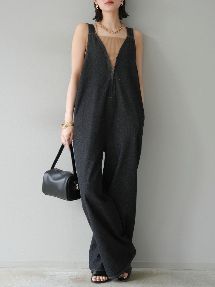 [予約]フロントZIP Vネックデニムサロペット/ブラック