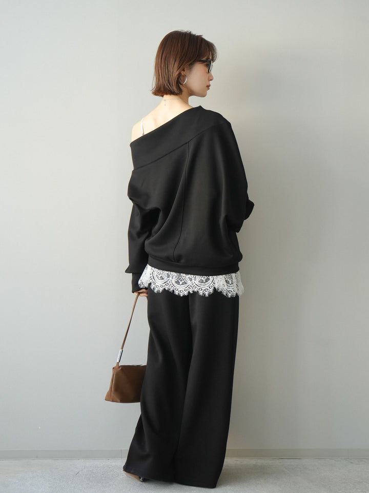 [SET]アシンメトリーオフショルポンチプルオーバー+イージーポンチワイドパンツ(2set)