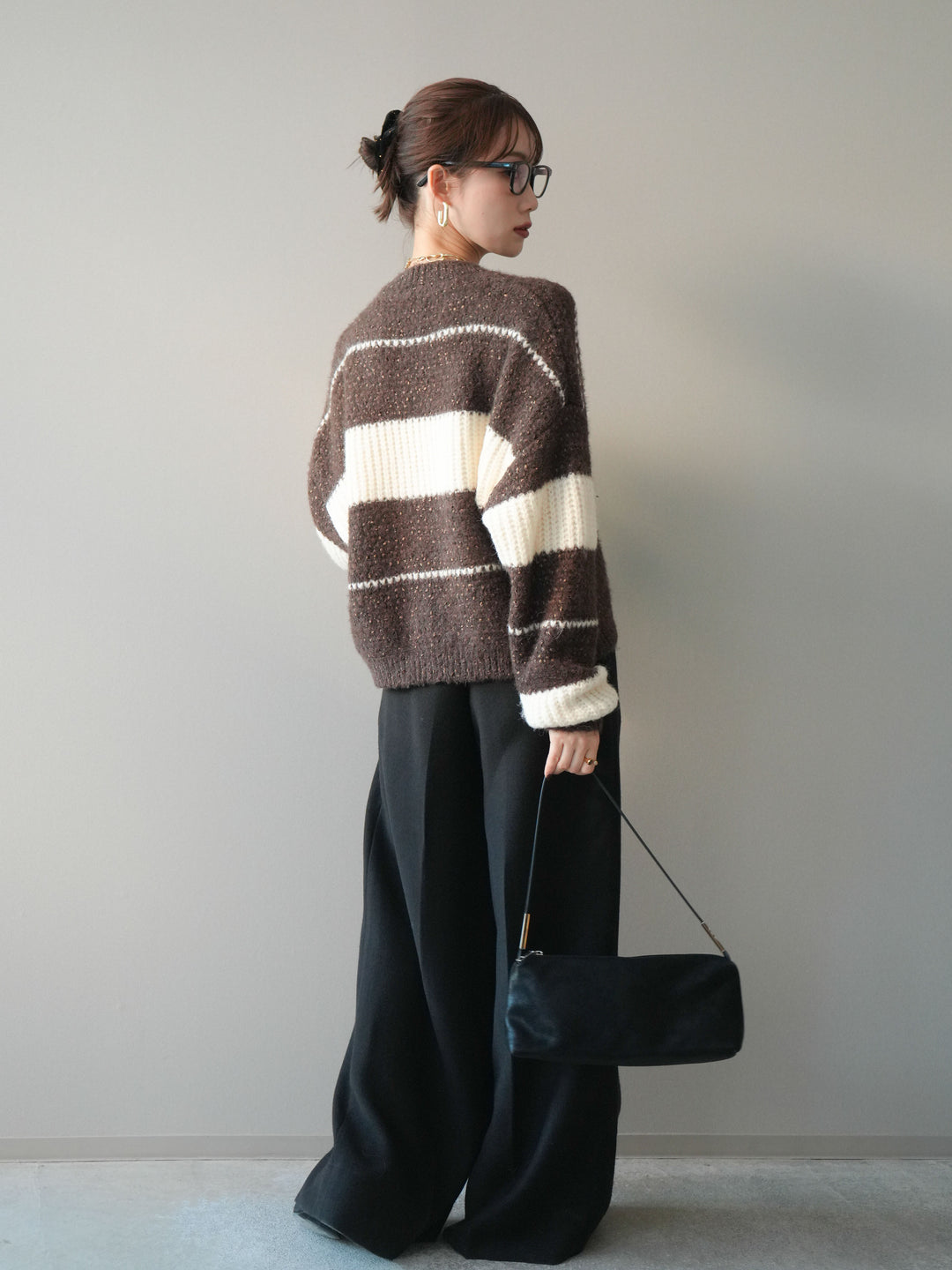 [SET]ネップヤーンボーダーニットプルオーバー+ウールタッチベルト付ワイドパンツ(2set)