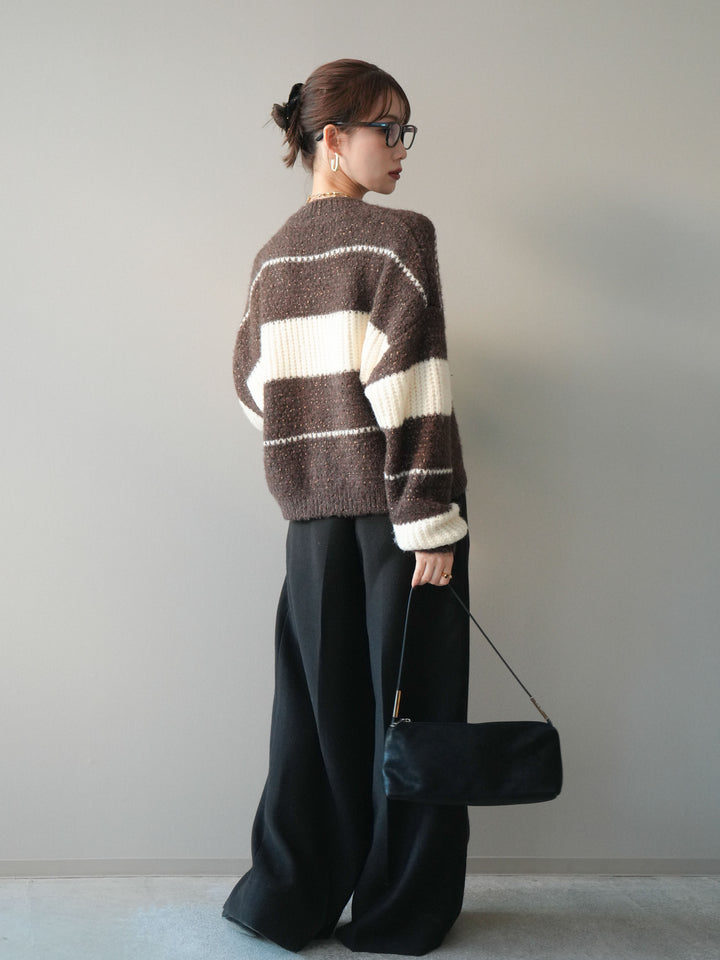 [SET]ネップヤーンボーダーニットプルオーバー+ウールタッチベルト付ワイドパンツ(2set)