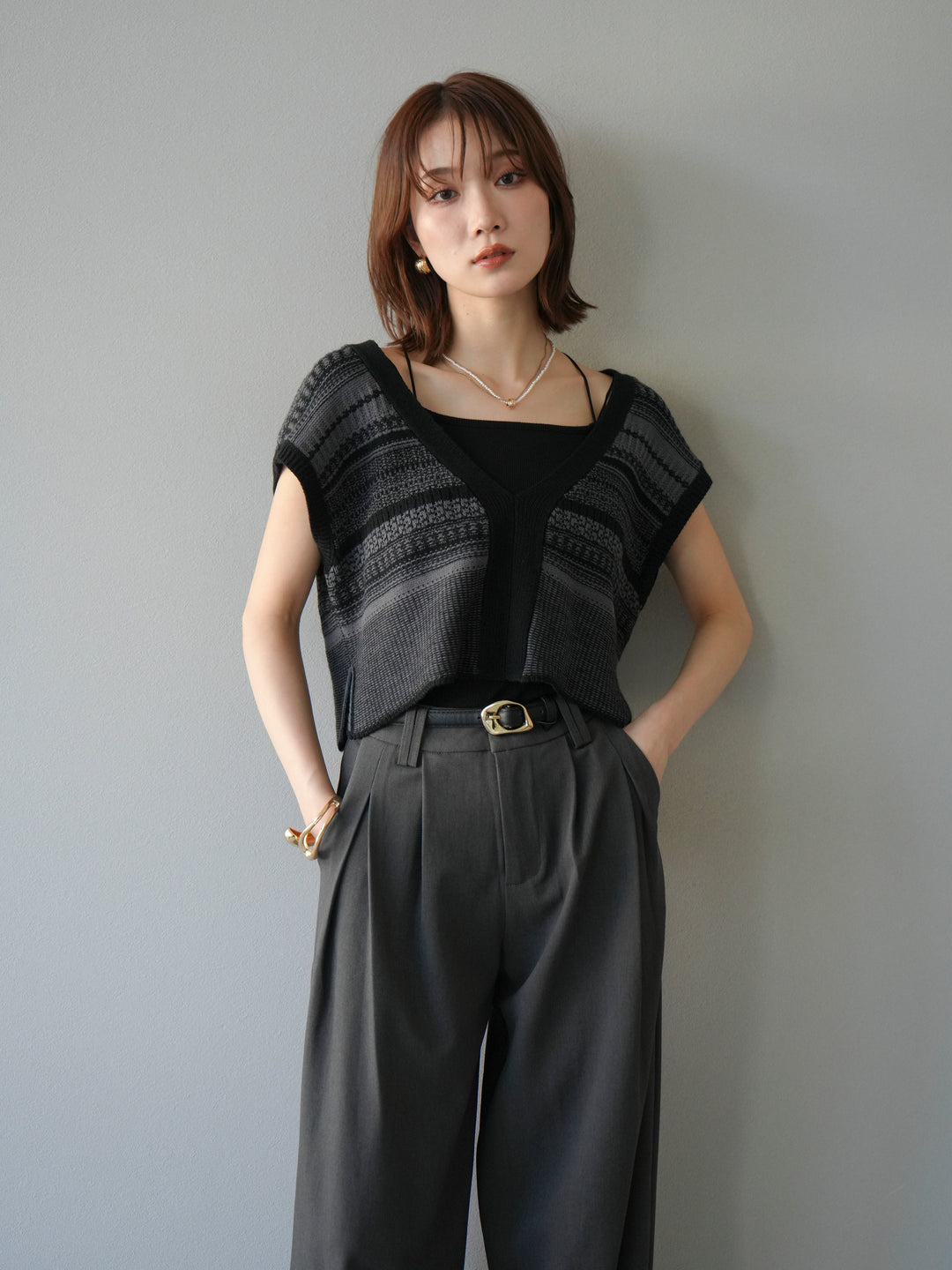 [予約]ガーター編み2WAYニットベスト/グレー×ブラック