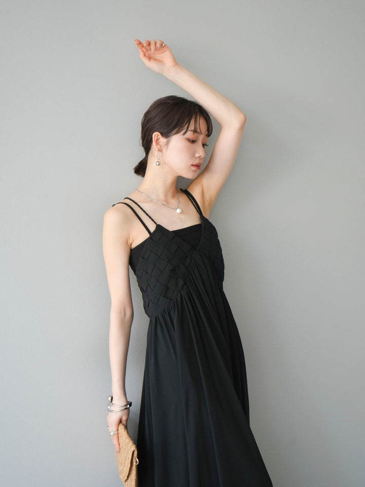 [SET]編み込みデザインシフォンワンピース+カップ付テレコリブベアキャミソール(2set)