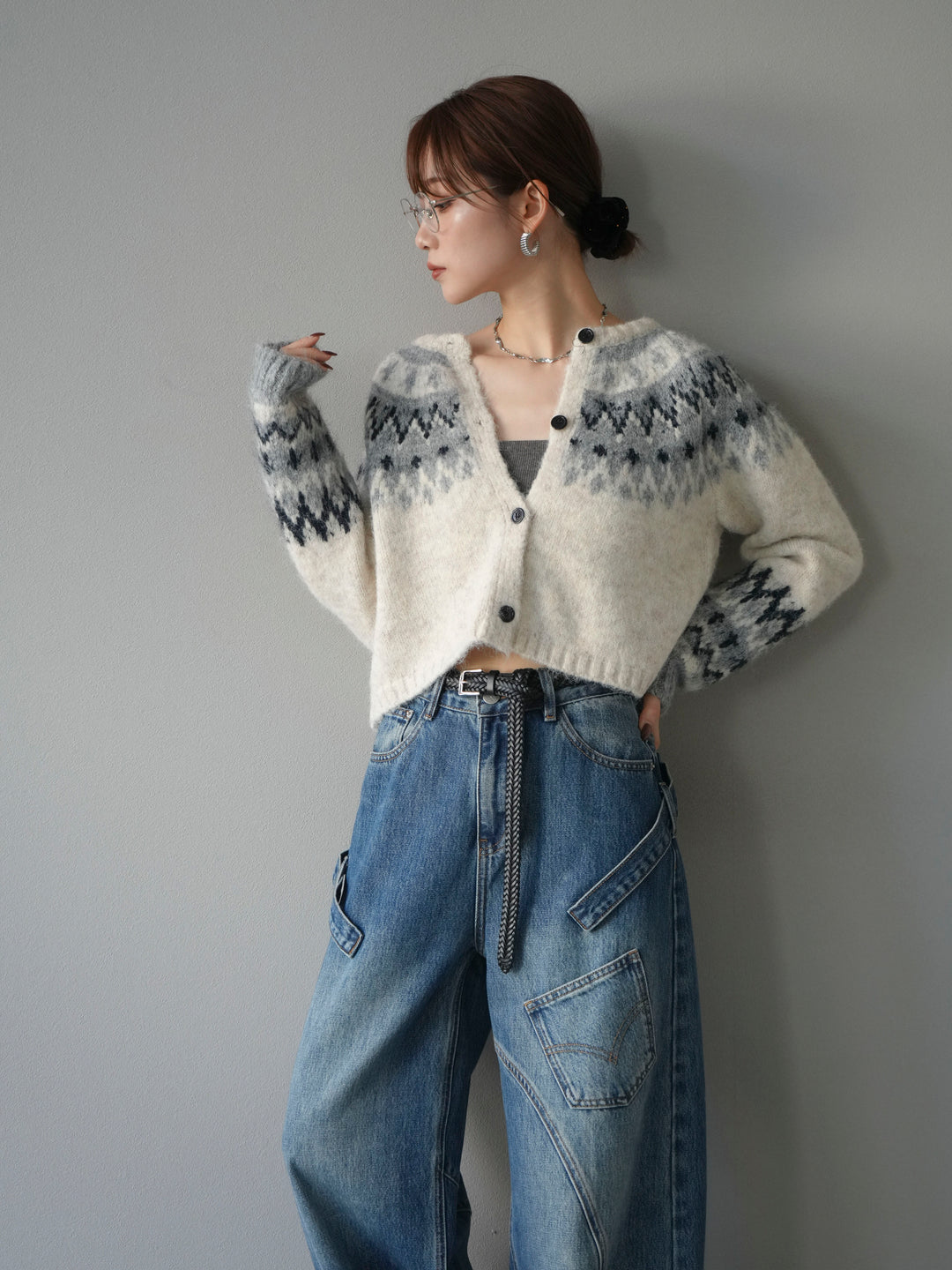 【着回しセット】[SET]求心柄クロップドニットカーディガン+ミックスヤーンペイズリー柄ニットカーディガン+ペインターカーブデニムパンツ(3set)