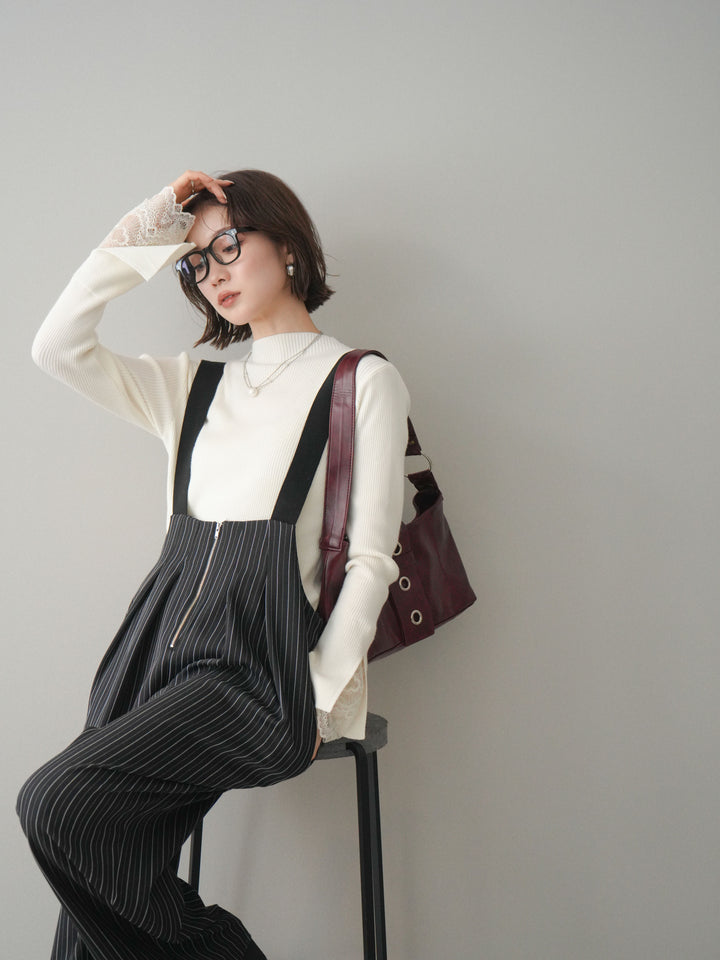 [SET]袖スカラップレースオフネックニットトップス+グログランテープストライプサロペット(2set)