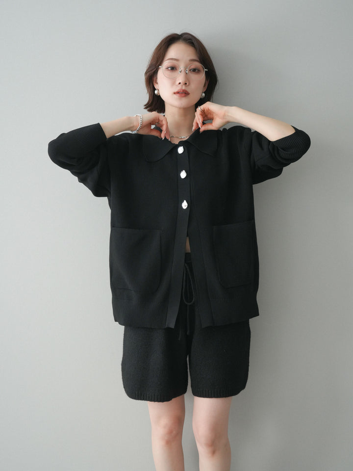 [予約]メタルボタン襟付きポリエステルニットカーディガン/black
