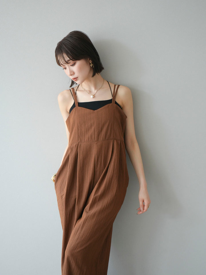[SET]リネンライクビスチェデザインサロペット+ダブルストラップカットリブブラキャミソール(2set)