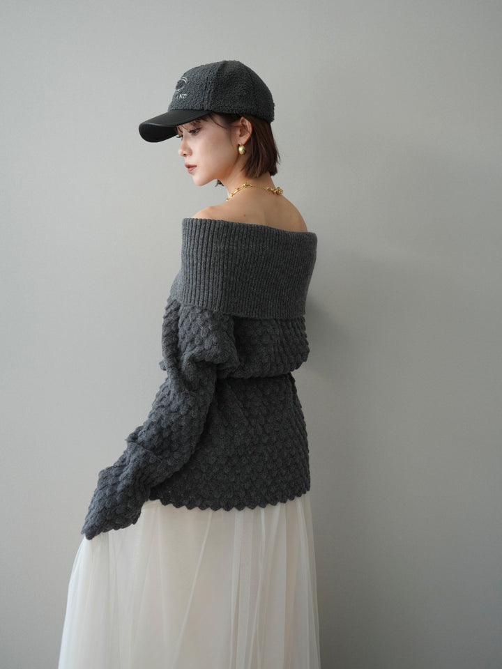 [予約]ポコポコ編みオフショルニットプルオーバー/gray