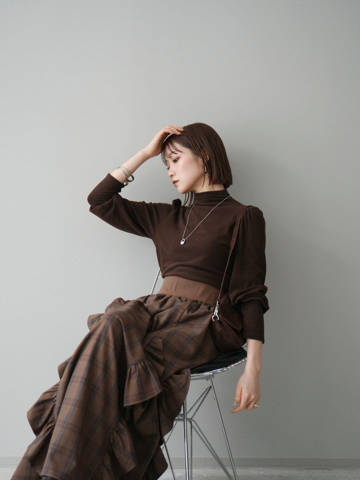 [予約]プチネックパワーショルダー起毛トップス/brown