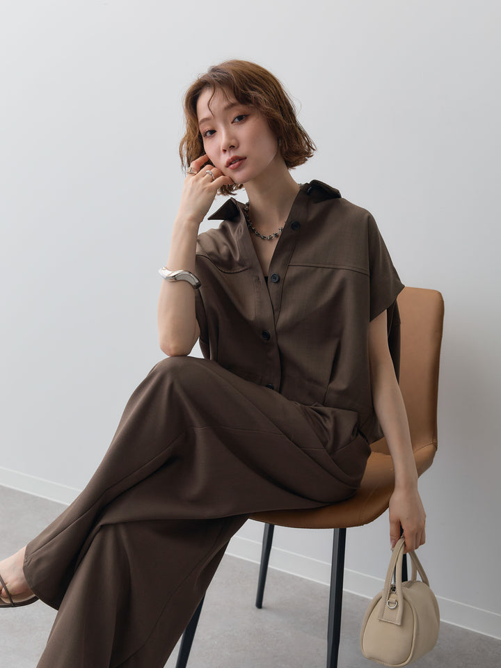 【套裝】縐綢燈籠無袖襯衫 + 縐綢闊腿褲（兩件套）