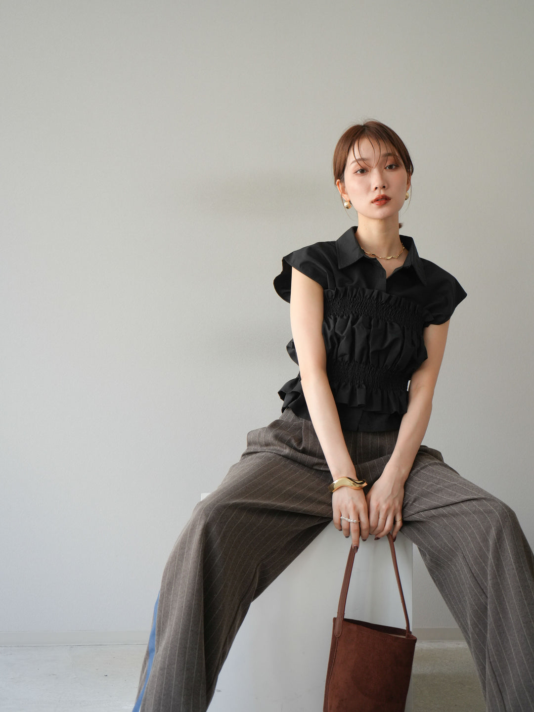 [予約]サイドラインストライプワイドパンツ/ブラウン