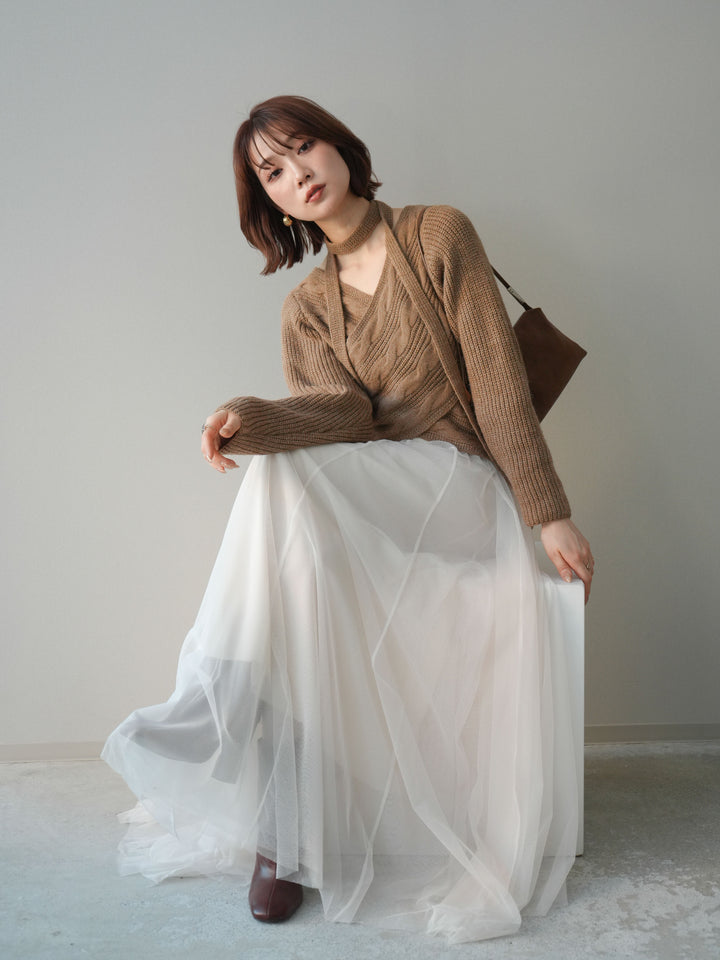 [予約]ケーブル編みクロスニットトップス/camel