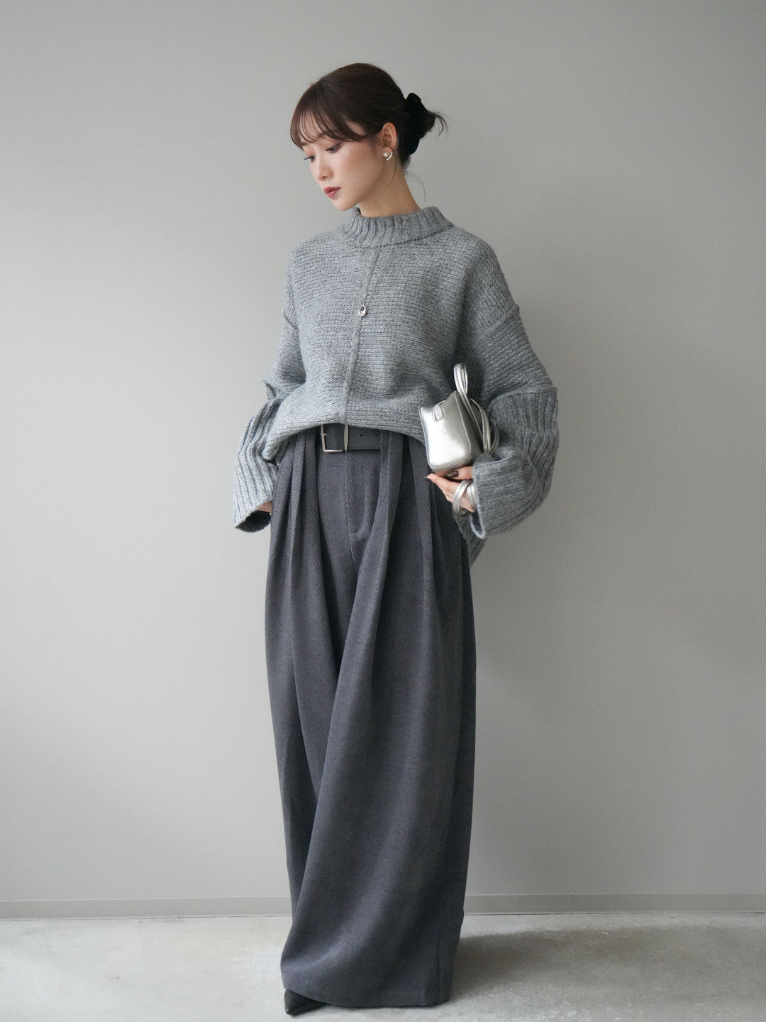 [予約]ベルトデザインループコールテンワイドパンツ(ベルト付き)/charcoal