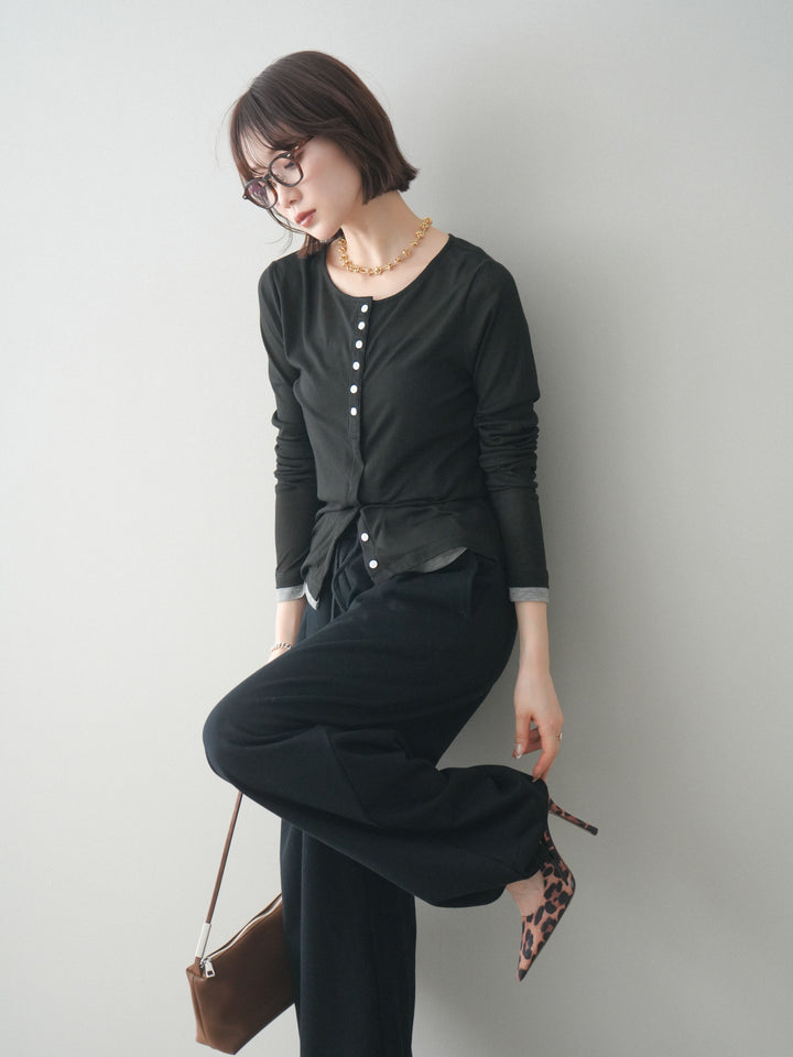 [予約]シアーリブバイカラーカーディガン/black