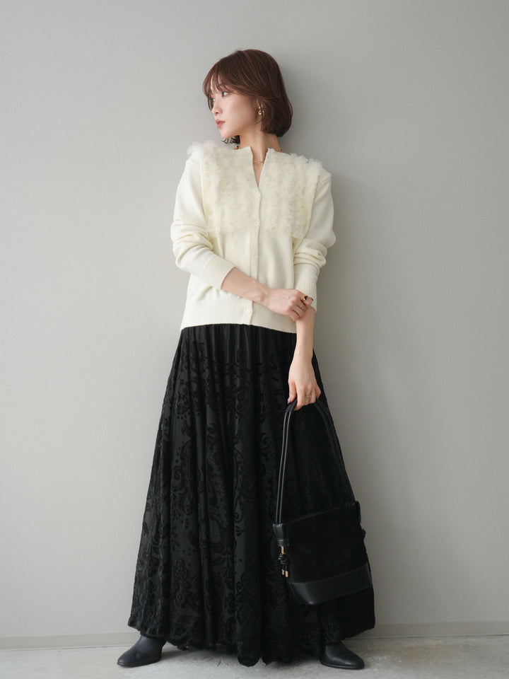 [SET]チュールフリルニットカーディガン+アンティーク柄フロッキーマキシスカート(2set)