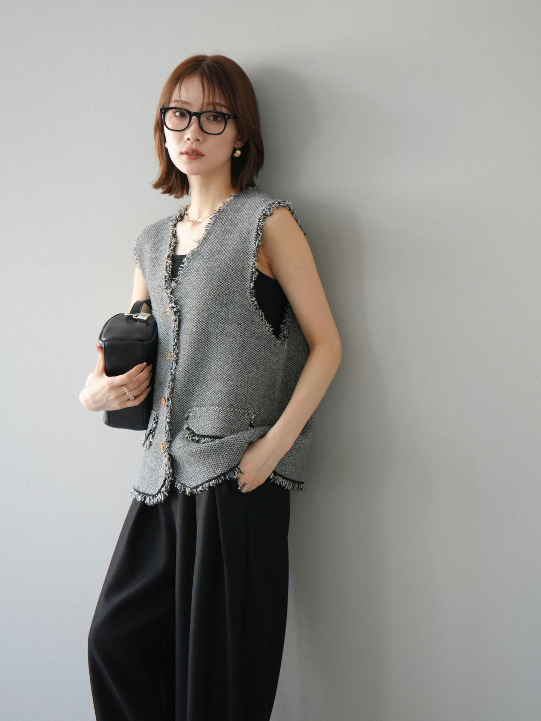 [予約]ツイードライクフリンジニットベスト/ブラック