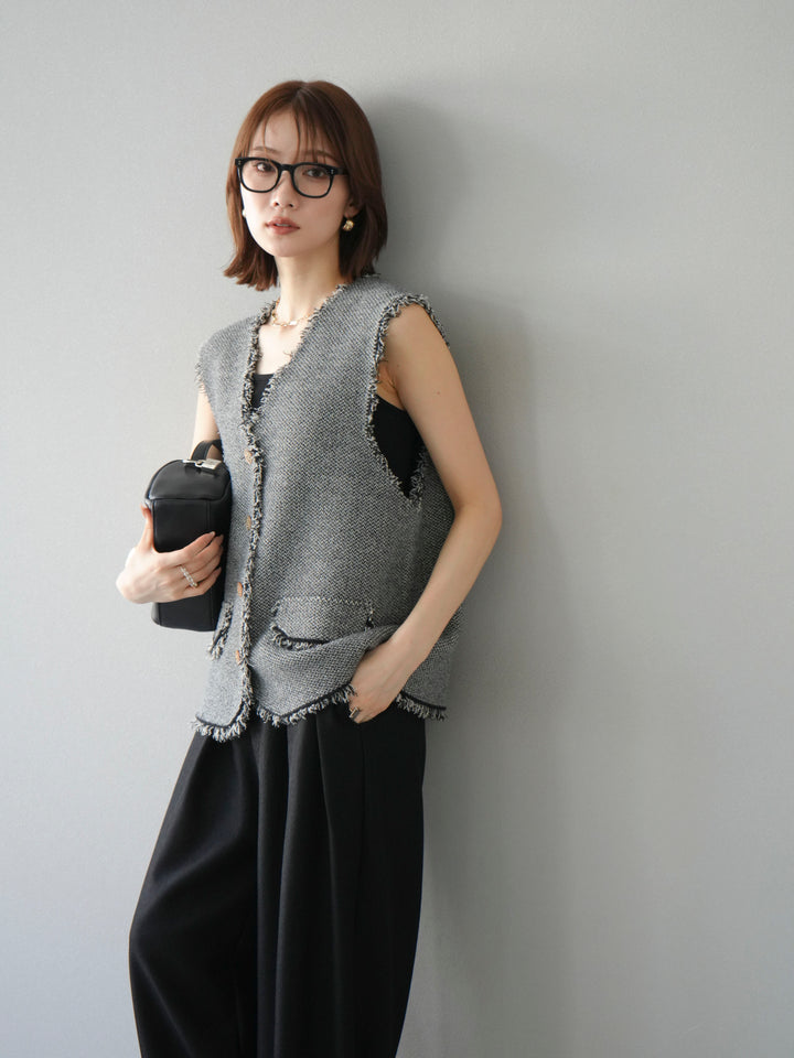 [予約]ツイードライクフリンジニットベスト/ブラック
